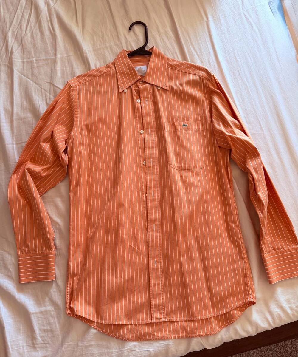 Lacoste Men's Long Sleeve Button-Down Dress Shirt Orange /White Stripe. M.
